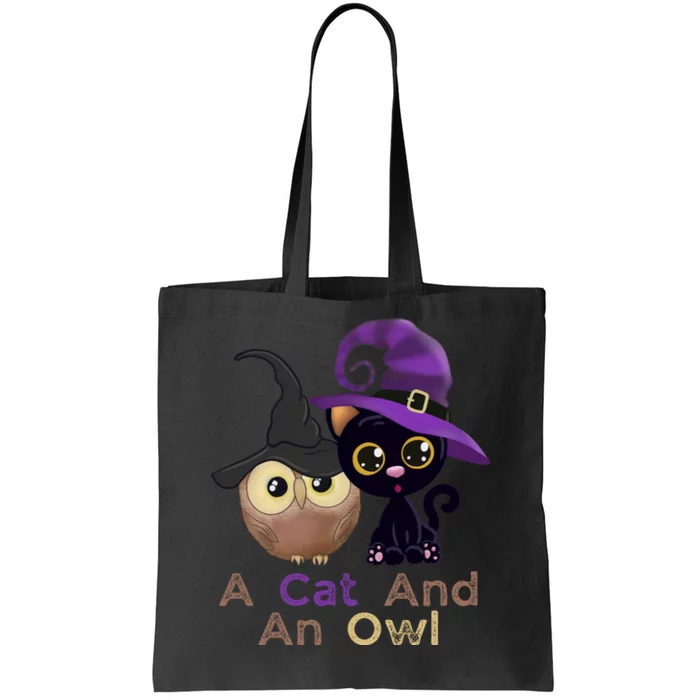 A Cat And An Owl Funny Halloween Cat Owl Tote Bag