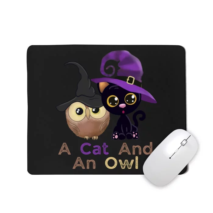 A Cat And An Owl Funny Halloween Cat Owl Mousepad