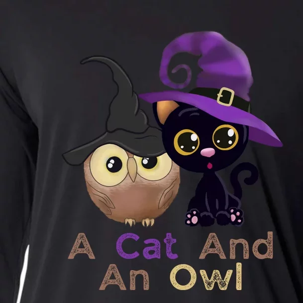 A Cat And An Owl Funny Halloween Cat Owl Cooling Performance Long Sleeve Crew