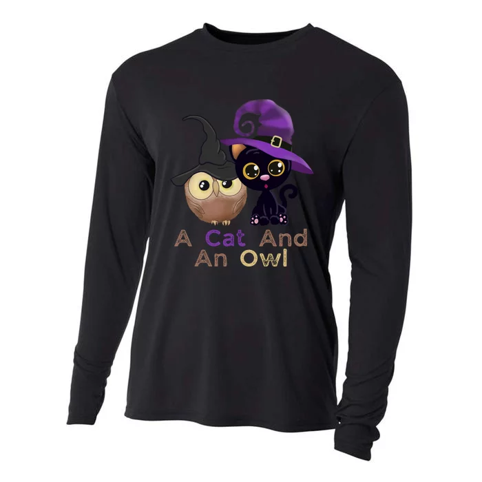 A Cat And An Owl Funny Halloween Cat Owl Cooling Performance Long Sleeve Crew