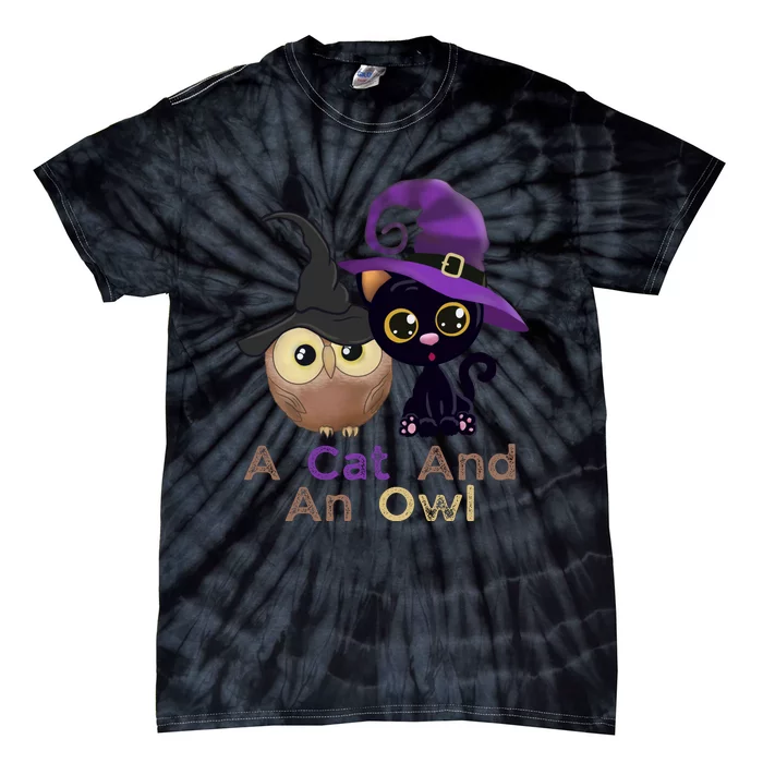 A Cat And An Owl Funny Halloween Cat Owl Tie-Dye T-Shirt