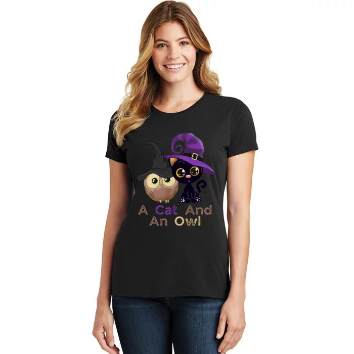 A Cat And An Owl Funny Halloween Cat Owl Women's T-Shirt