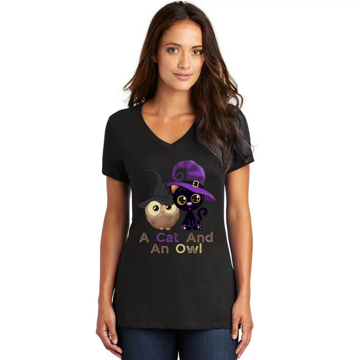 A Cat And An Owl Funny Halloween Cat Owl Women's V-Neck T-Shirt