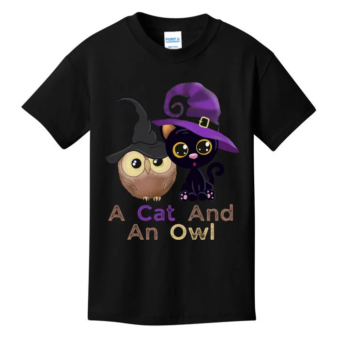 A Cat And An Owl Funny Halloween Cat Owl Kids T-Shirt