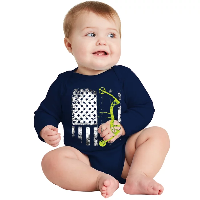 Archery Compound Bow USA Flag Baby Long Sleeve Bodysuit