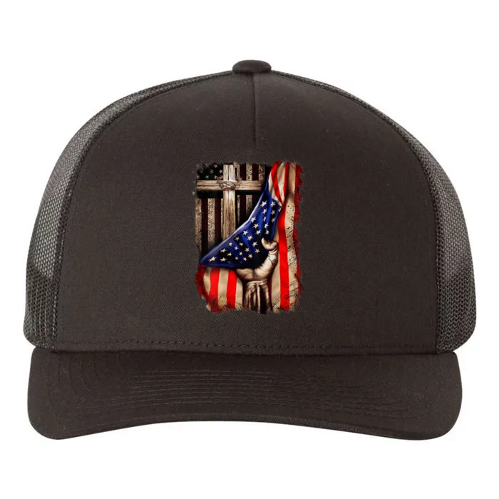 American Christian Cross Patriotic Flag Yupoong Adult 5-Panel Trucker Hat