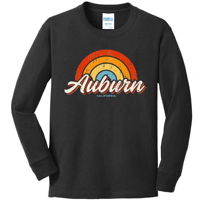 Auburn California CA Vintage Rainbow Retro 70s Kids Long Sleeve Shirt