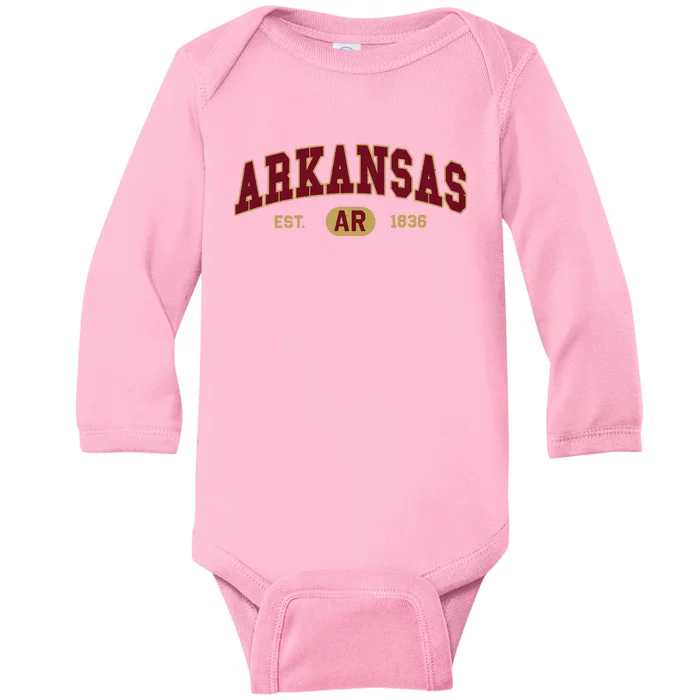 Arkansas Classic Collegiate Varsity Style Cozy Arkansas Baby Long Sleeve Bodysuit