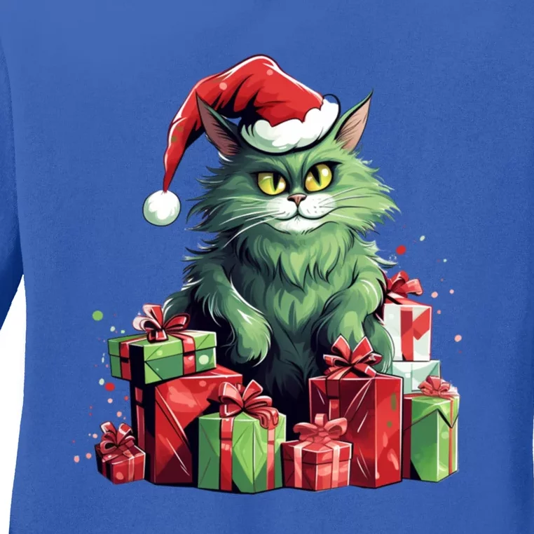 Amazing Cat Christmas Xmas Family Design Santa Hat Great Gift Ladies Long Sleeve Shirt