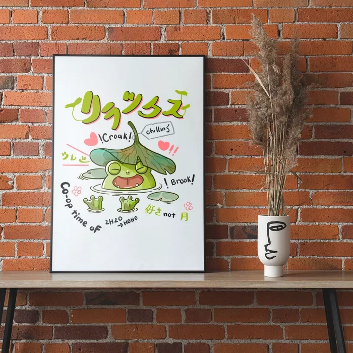 A Cute Cottagecore Aesthetic With A Frog Wearing A Snail Hat And Mushroom Poster