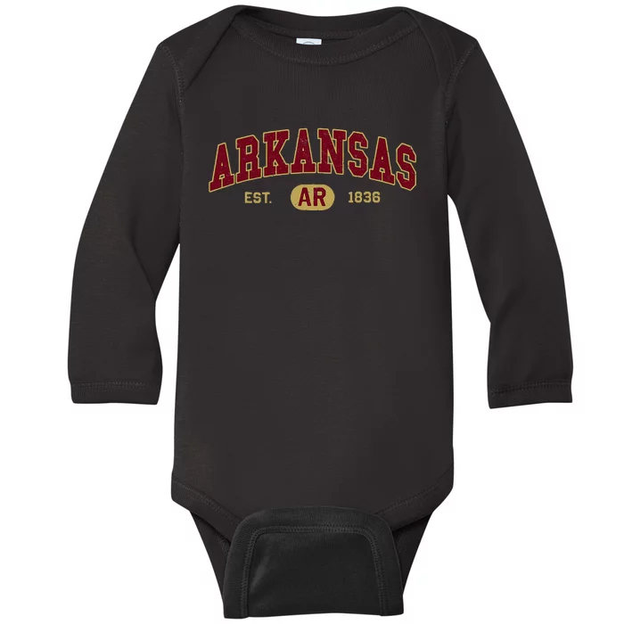 Arkansas Classic Collegiate Varsity Style Cozy Arkansas Baby Long Sleeve Bodysuit