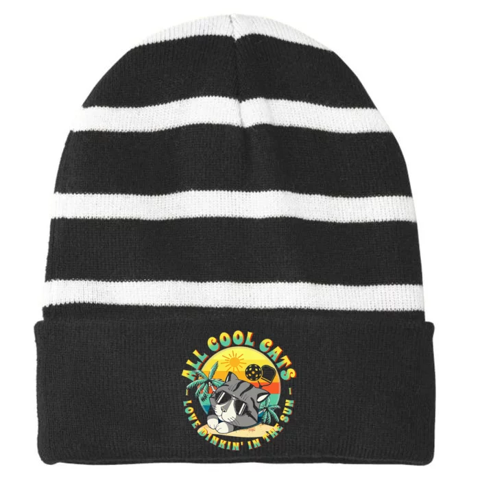 All Cool Cats Love Dinkin' In The Sun For Pickleball Fans Striped Beanie with Solid Band