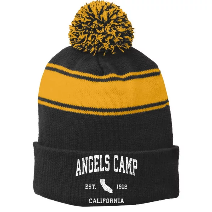 Angels Camp California Ca Vintage Athletic Stripe Pom Pom Beanie