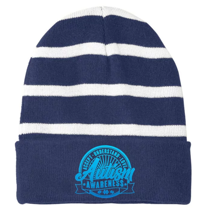 Accept Understand Love  Autism Blue Imprint Striped Beanie with Solid Band