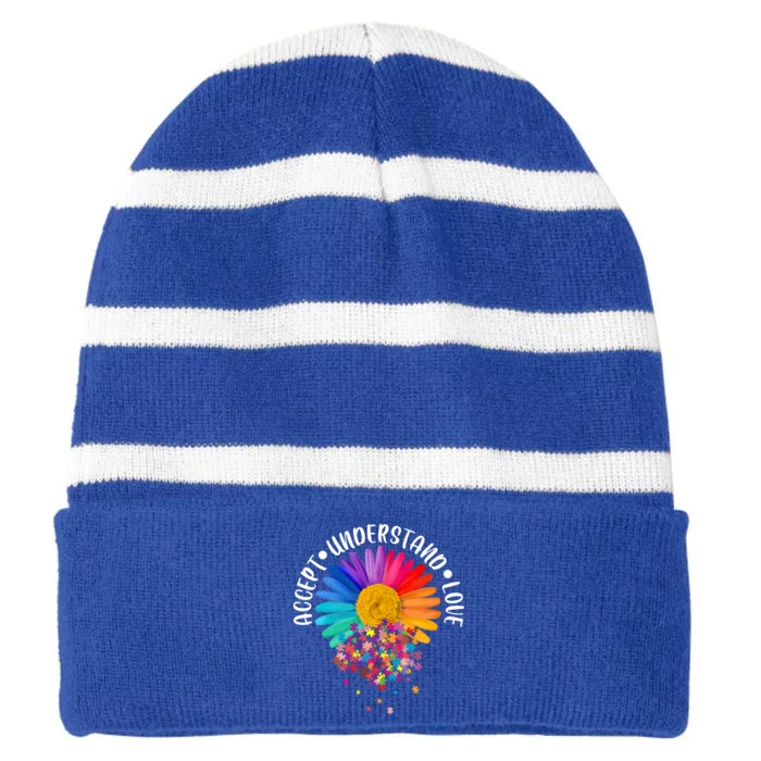 Accept Understand Love Autism Flower Puzzle Pieces Striped Beanie with Solid Band