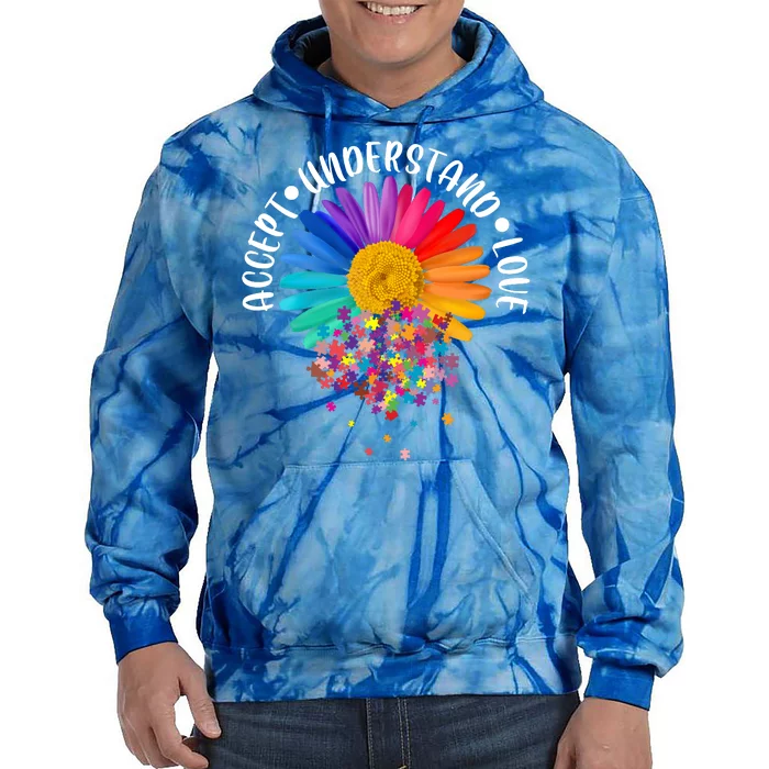 Accept Understand Love Autism Flower Puzzle Pieces Tie Dye Hoodie