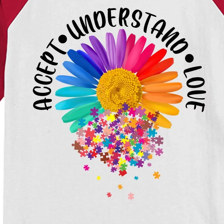 Accept Understand Love Autism Flower Puzzle Pieces Kids Colorblock Raglan Jersey