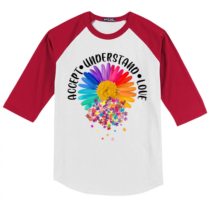 Accept Understand Love Autism Flower Puzzle Pieces Kids Colorblock Raglan Jersey