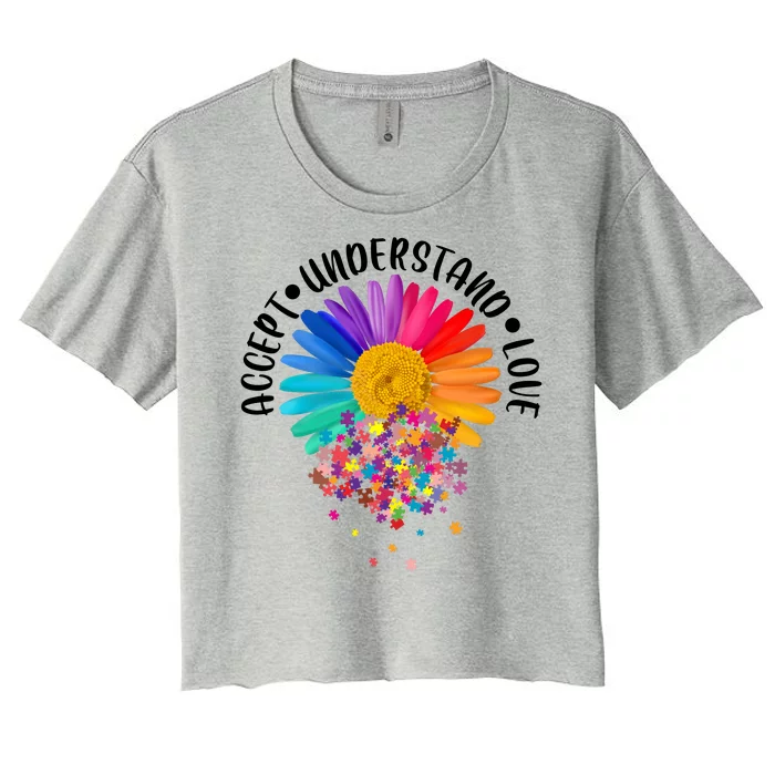 Accept Understand Love Autism Flower Puzzle Pieces Women's Crop Top Tee