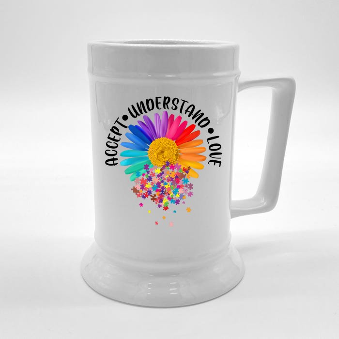 Accept Understand Love Autism Flower Puzzle Pieces Front & Back Beer Stein