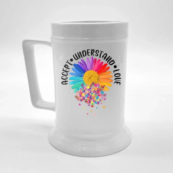 Accept Understand Love Autism Flower Puzzle Pieces Front & Back Beer Stein