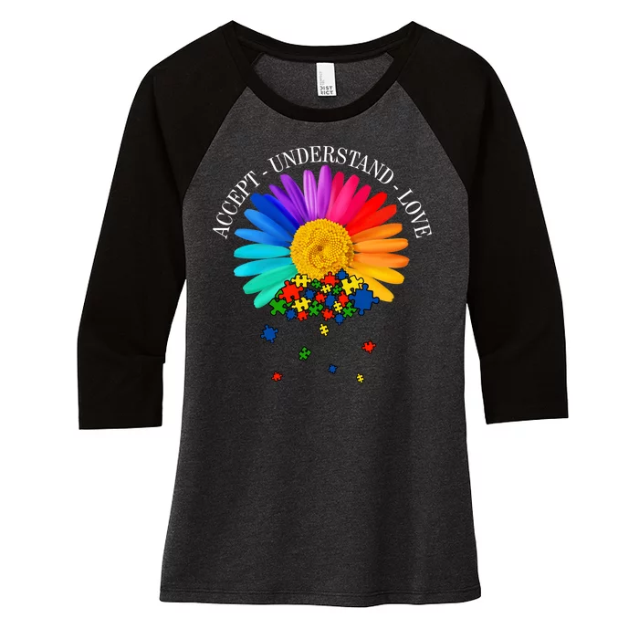 Accept Understand Love Autism Sunflower Women's Tri-Blend 3/4-Sleeve Raglan Shirt