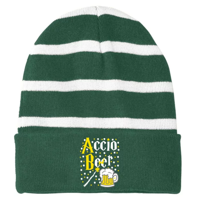 Accio Beer Wizard Wand Funny St Patrick's Day Striped Beanie with Solid Band