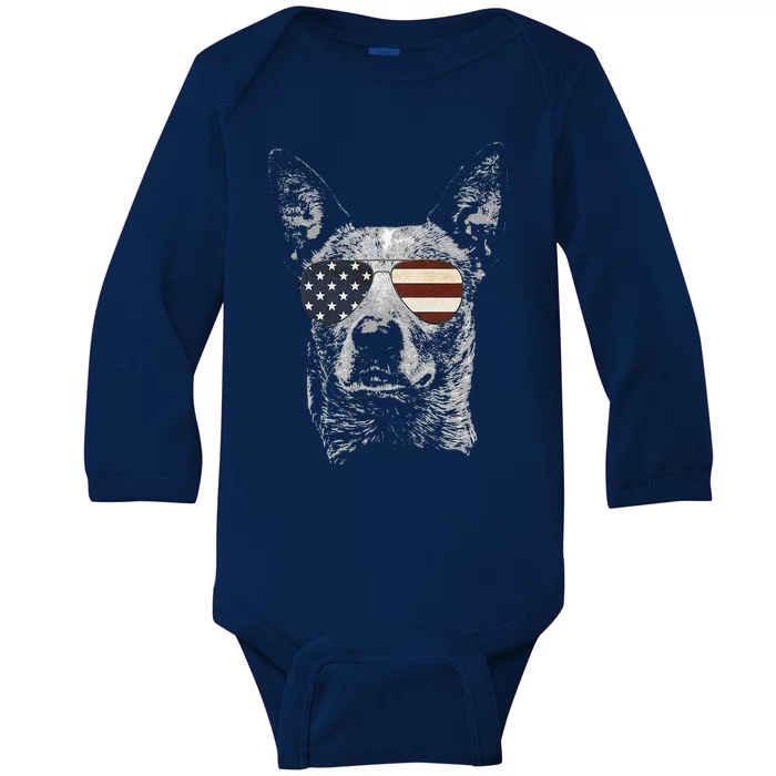 Australian Cattle Dog USA Flag Merica Funny Cute Women Baby Long Sleeve Bodysuit