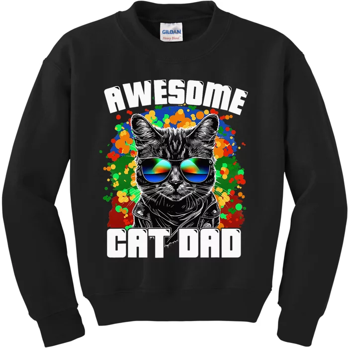 Awesome Cat Dad Featuring Sunglasses Funny Cat Lover Kids Sweatshirt