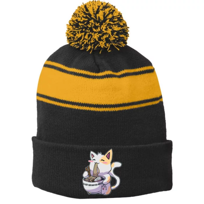 Anime Cat Eating Ramen Stripe Pom Pom Beanie