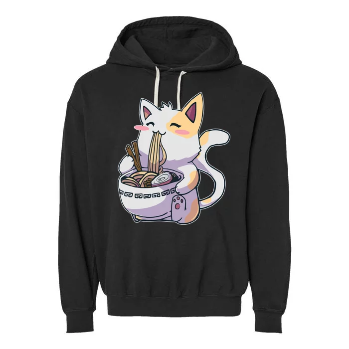 Anime Cat Eating Ramen Garment-Dyed Fleece Hoodie