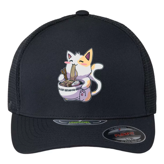 Anime Cat Eating Ramen Flexfit Unipanel Trucker Cap