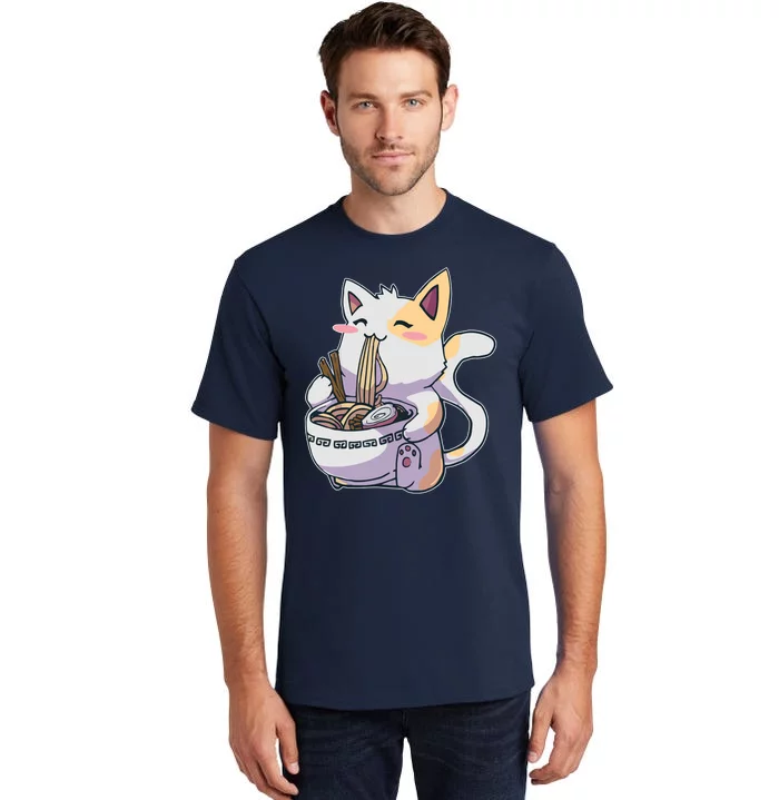 Anime Cat Eating Ramen Tall T-Shirt