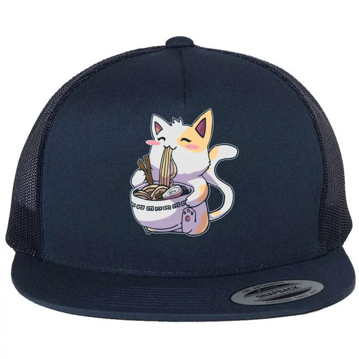 Anime Cat Eating Ramen Flat Bill Trucker Hat