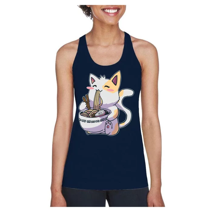 Anime Cat Eating Ramen Women's Racerback Tank