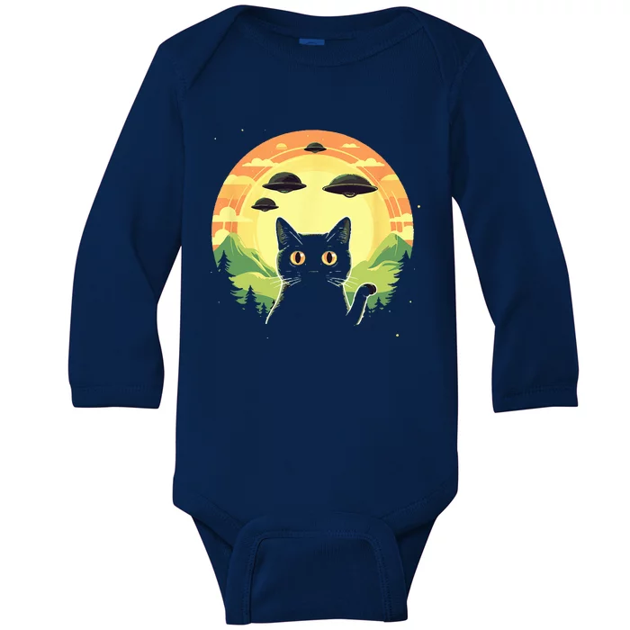 Alien Cat Funny Ufo Vintage Baby Long Sleeve Bodysuit