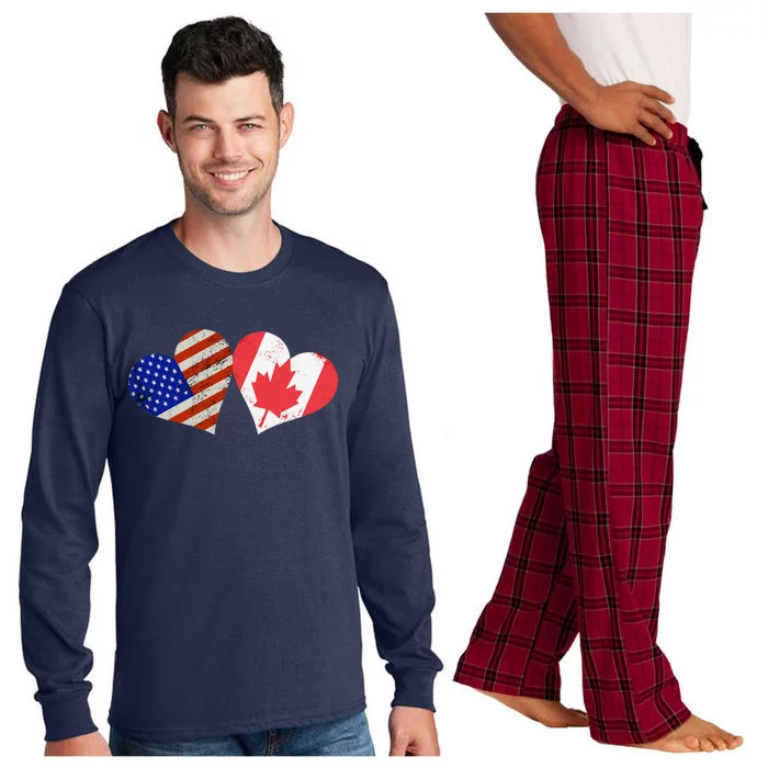 American & Canadian Flags Heart Shaped Vintage Us Eh Long Sleeve Pajama Set