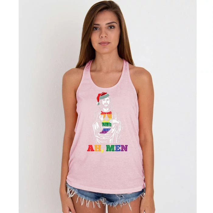 Ah  Christmas Funny LGBTQ Pride XMas Jesus Gay Christian Women's Knotted Racerback Tank