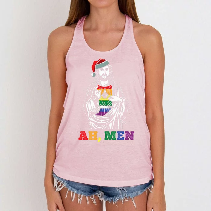 Ah  Christmas Funny LGBTQ Pride XMas Jesus Gay Christian Women's Knotted Racerback Tank