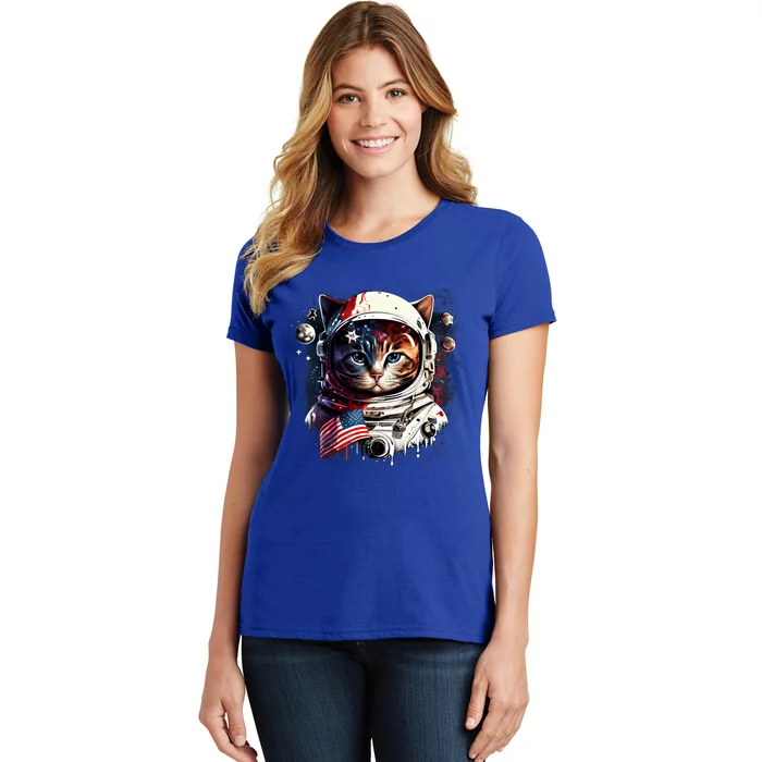 Astronaut Cat In Space Gift Flag Usa Cosmos Helmet Graphic Cute Gift Women's T-Shirt