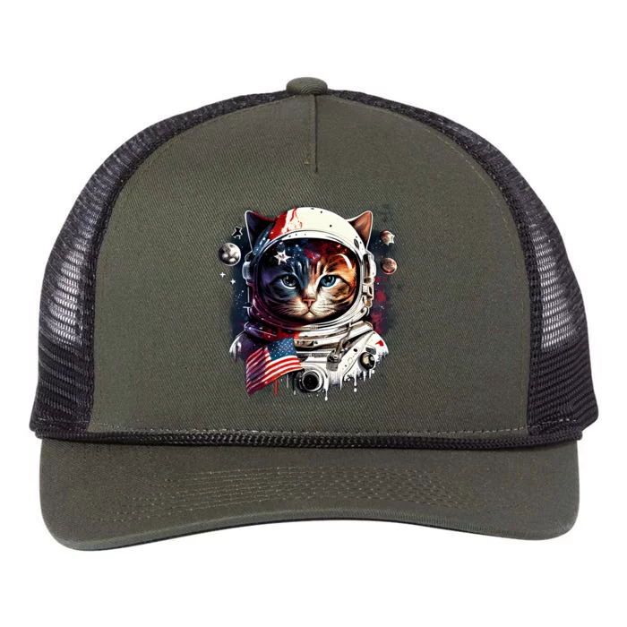 Astronaut Cat In Space Gift Flag Usa Cosmos Helmet Graphic Cute Gift Retro Rope Trucker Hat Cap