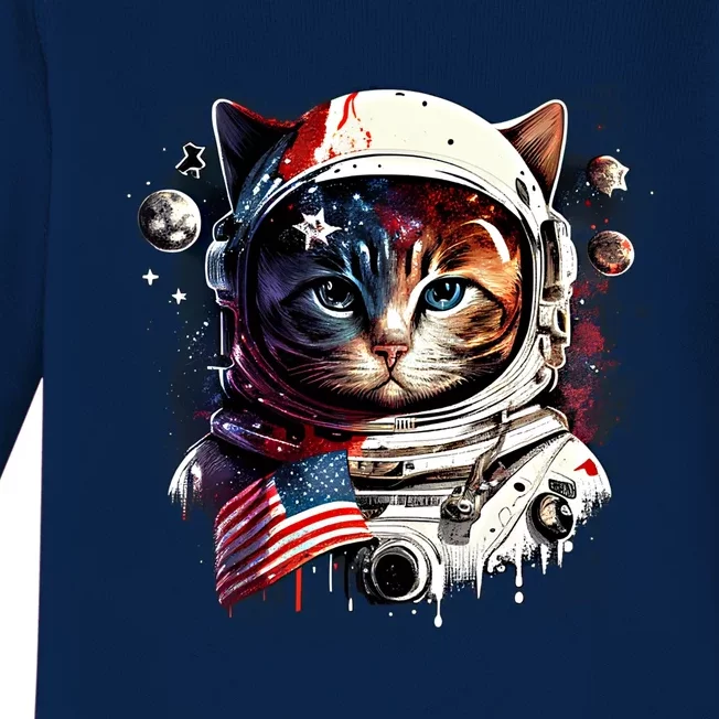 Astronaut Cat In Space Gift Flag Usa Cosmos Helmet Graphic Cute Gift Baby Long Sleeve Bodysuit