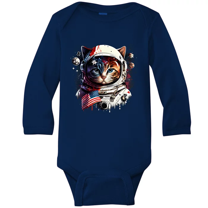 Astronaut Cat In Space Gift Flag Usa Cosmos Helmet Graphic Cute Gift Baby Long Sleeve Bodysuit