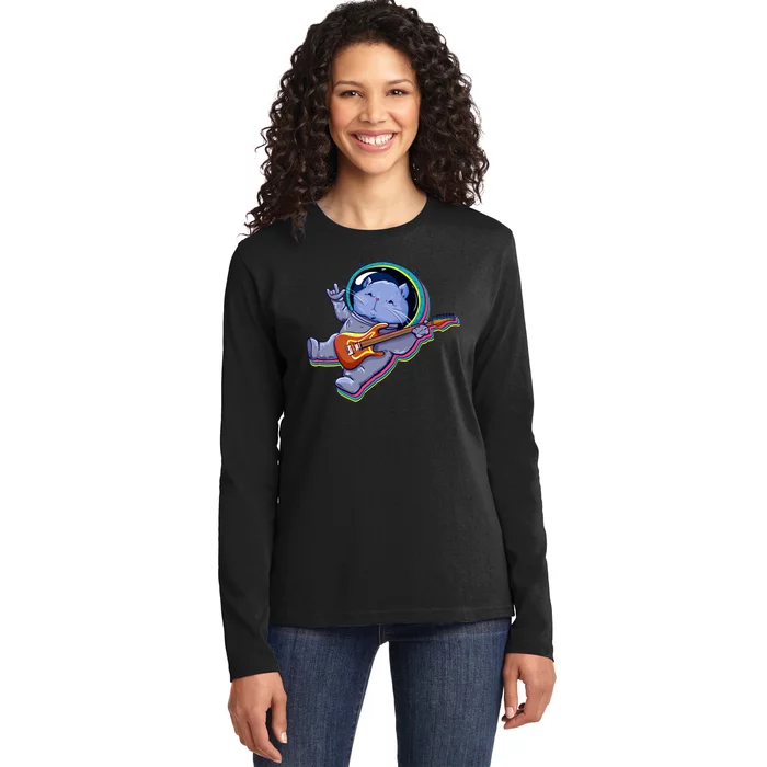 Astronaut Cat In Space Guitar Ladies Long Sleeve Shirt