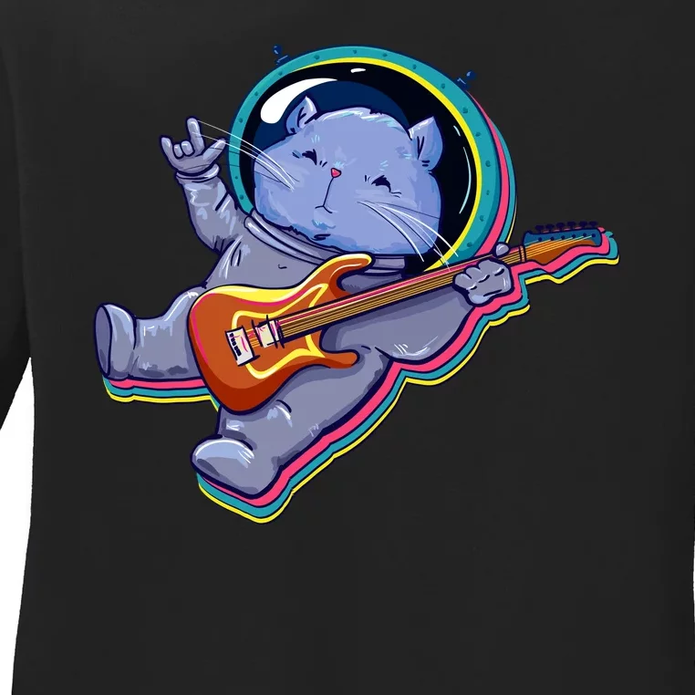 Astronaut Cat In Space Guitar Ladies Long Sleeve Shirt