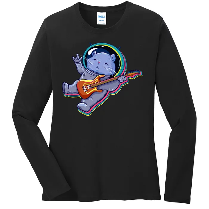 Astronaut Cat In Space Guitar Ladies Long Sleeve Shirt