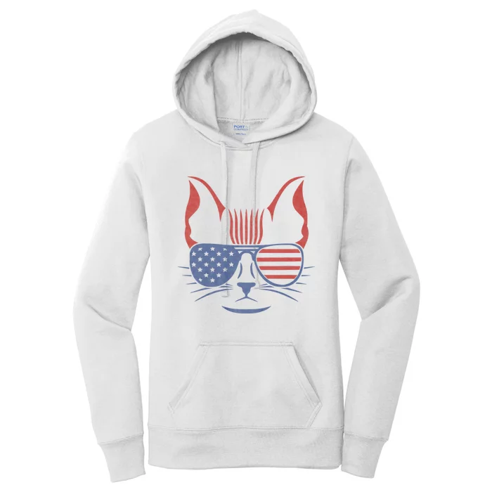 American Cat Is Symbol On American Patriotic 4th Of July Usa American Flag Women's Pullover Hoodie