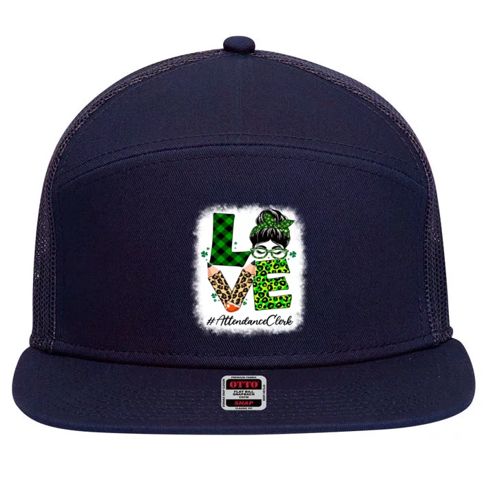 Attendance Clerk Love Bleached Messy Bun St Patricks Day Gift 7 Panel Mesh Trucker Snapback Hat