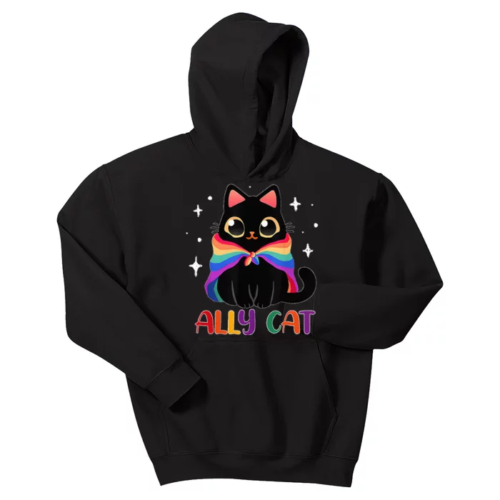 Ally Cat LGBT Gay Rainbow Pride Flag Funny Cat Lover Kids Hoodie