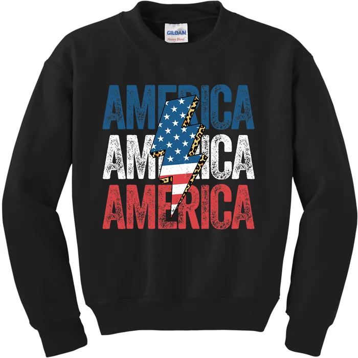 America Cheetah Leopard Lightning Bolt 4th Of July Kids Sweatshirt